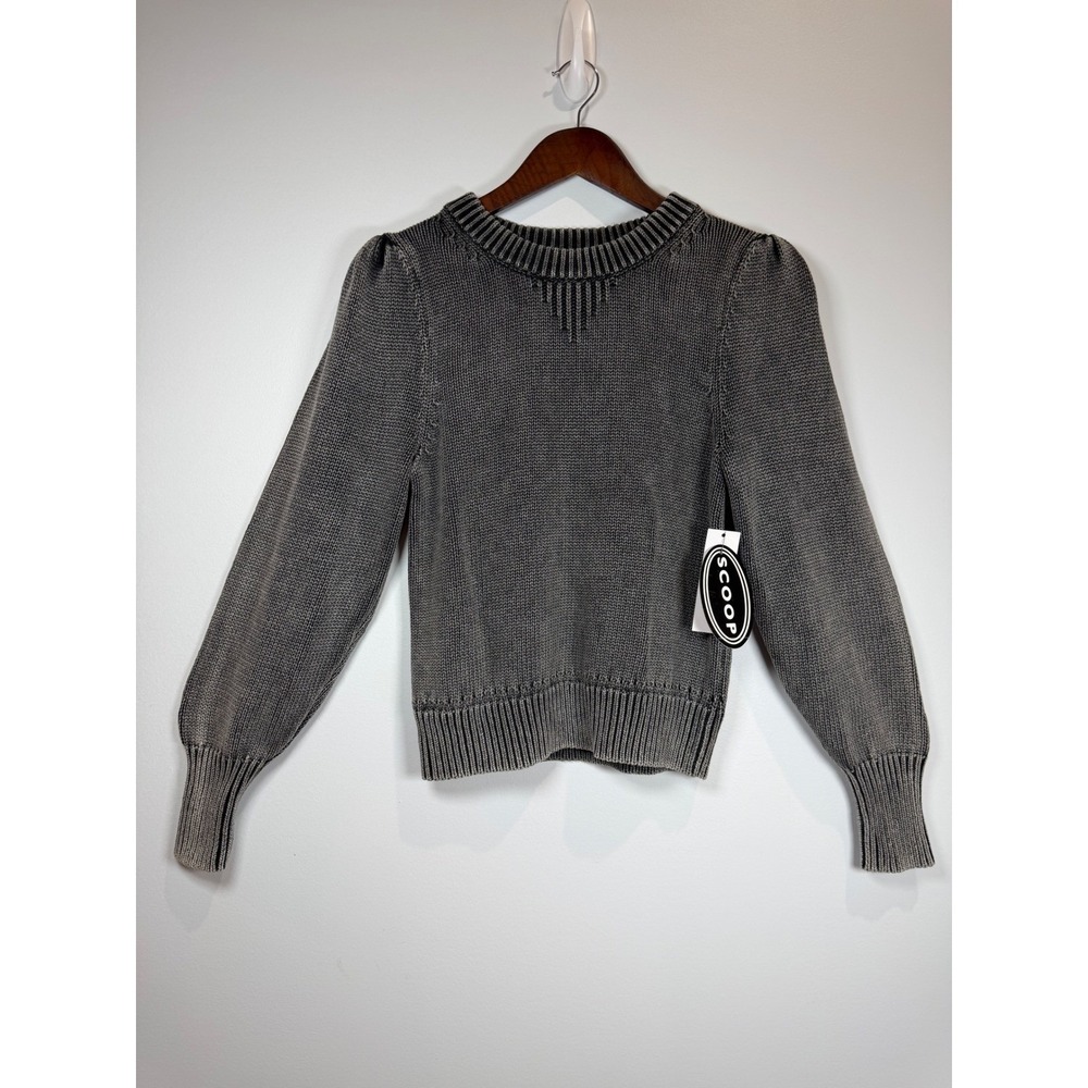Scoop LS Puff Shoulder Sweater Black Soot Acid Wash Cotton Knit Small 4-6 NEW